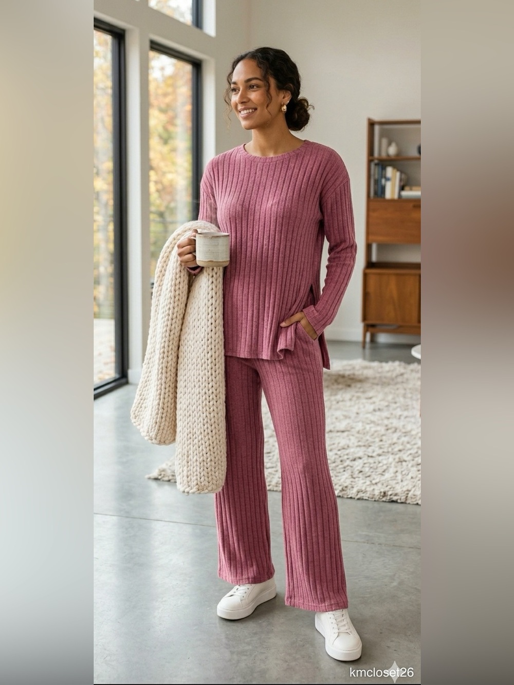 Spring Ribbed Knit Lounge Set | Round Neck Left Slit Top Wide Leg Pants Mauve M